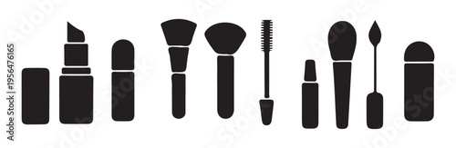 Various cosmetic applicators and makeup product silhouettes vector set for beauty salon design