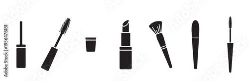 Mascara wand lipstick and makeup brush silhouettes professional cosmetic tools vector graphics
