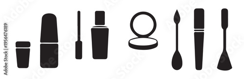 Collection of black silhouette icons representing various cosmetic makeup and beauty products