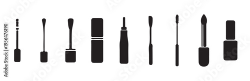 Row of diverse makeup tools and containers presented as simple black solid pictograms