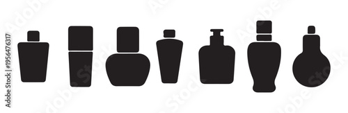 Minimalist black silhouettes of various perfume bottles for cosmetic shop branding template