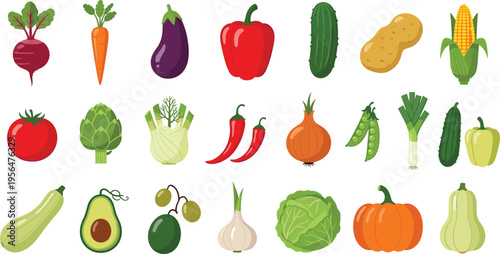 Fresh vegetables collection with tomato carrot eggplant pepper cucumber potato corn onion healthy food set vector illustration design