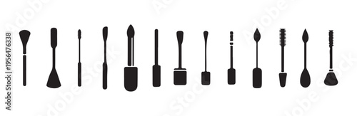 Set of professional makeup applicator and brush silhouettes isolated on white backgrounds