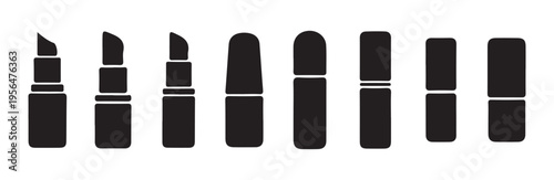 Collection of lipstick silhouettes in different states from open tubes to closed packaging