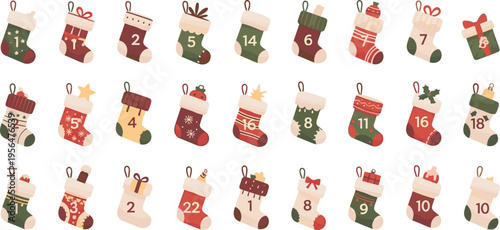 Christmas advent calendar stockings set with numbered socks festive holiday countdown collection winter decoration vector illustration design