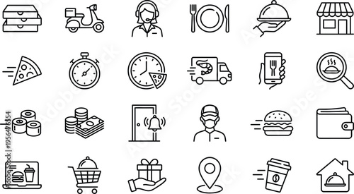 Food and restaurant icons for delivery takeout and dining concepts