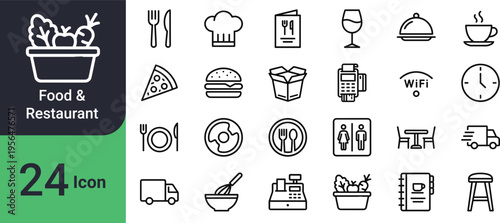 Food and restaurant icons set 24 essential symbols for culinary business cooking eating and dining concepts