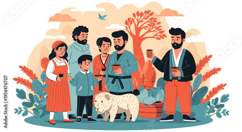 Happy family with dog in autumnal colorful illustration for seasonal greeting