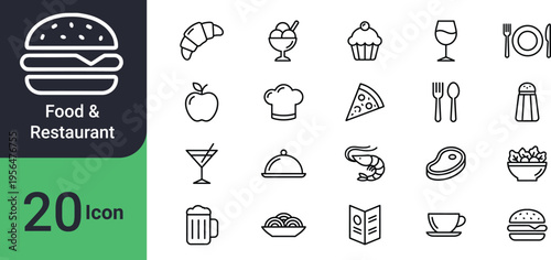 Food and restaurant icons set 20 essential symbols for culinary business menu design and foodie culture