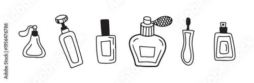 Hand drawn perfume bottle doodles set isolated on white background for fragrance shop design