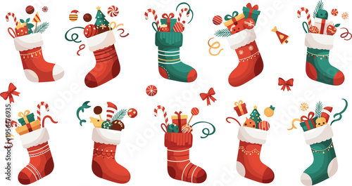 Christmas stockings set with gifts candy decorations festive holiday socks collection winter celebration vector illustration design