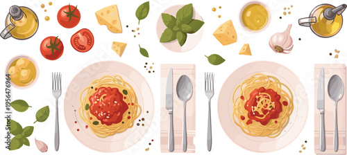 Italian pasta dishes with tomato sauce basil cheese ingredients top view meal composition vector illustration design