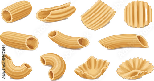Macaroni pasta shapes set with ridged tubular varieties Italian food ingredients collection vector illustration design