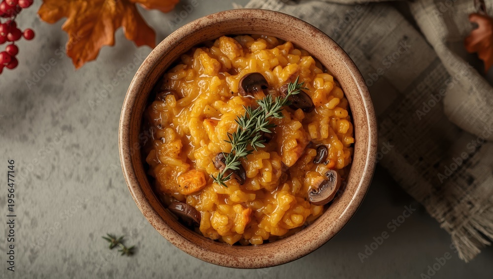 Fototapeta premium Risotto with pumpkin mushrooms and fresh thyme served in a ceramic bowl. Italian dish. Aerial perspective.