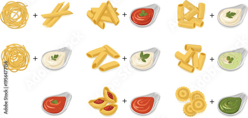 Pasta combinations set with spaghetti penne rigatoni ravioli and different sauces recipe variations food vector illustration design