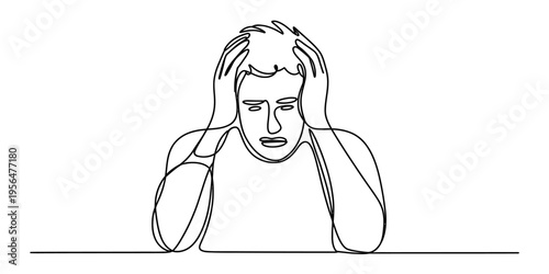 Continuous line drawing of a stressed person holding their head in despair and frustration Vector, illustration