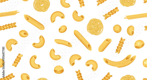 Seamless pasta pattern with various macaroni spaghetti fusilli shapes Italian food background texture vector illustration design
