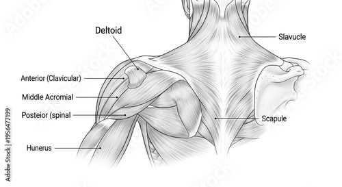 High detailed anatomical medical drawing of shoulder girdle and deltoid muscle showing anterior, middle and posterior heads with scapula, clavicle and humerus labeled for orthopedic, physiotherapy and