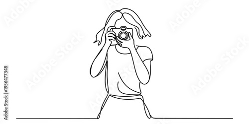 Continuous line drawing of a woman holding a camera to take a photograph in a minimalist style Vector, illustration