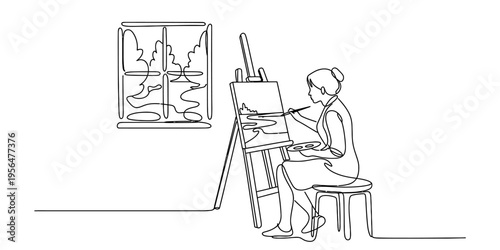 A continuous line drawing of a woman sitting on a stool and painting on a canvas at an easel Vector, illustration