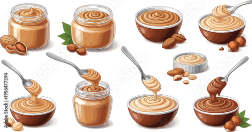Nut butter collection with peanut almond chocolate spreads in jars and bowls creamy food set vector illustration design