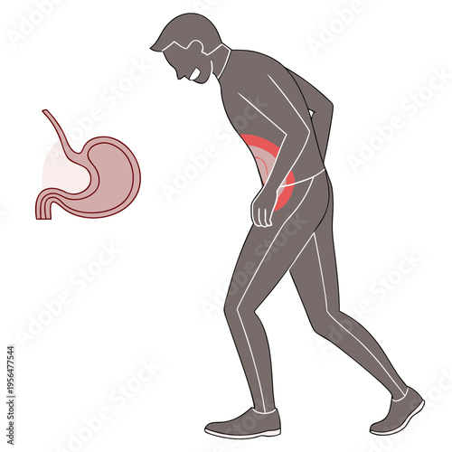 A vector graphic illustration of a man clutching his stomach in pain with a red highlighted area indicating abdominal discomfort and a stylized depiction of the stomach to the side.