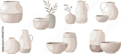 Minimal ceramic pottery collection with neutral tones vases bowls jugs modern home decor aesthetic set vector illustration design