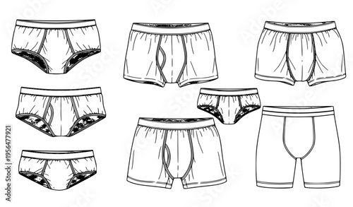 Hand drawn mens underwear collection sketch fashion vector set