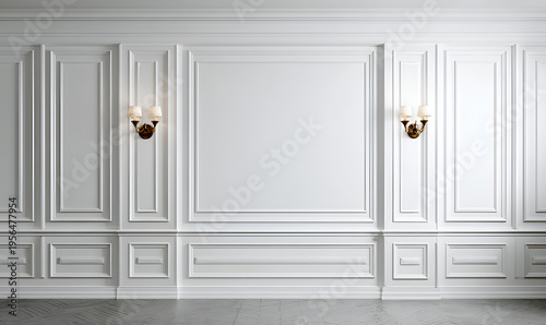 A pristine white wall adorned with ornate panels and sconces, exuding classic elegance and modern style