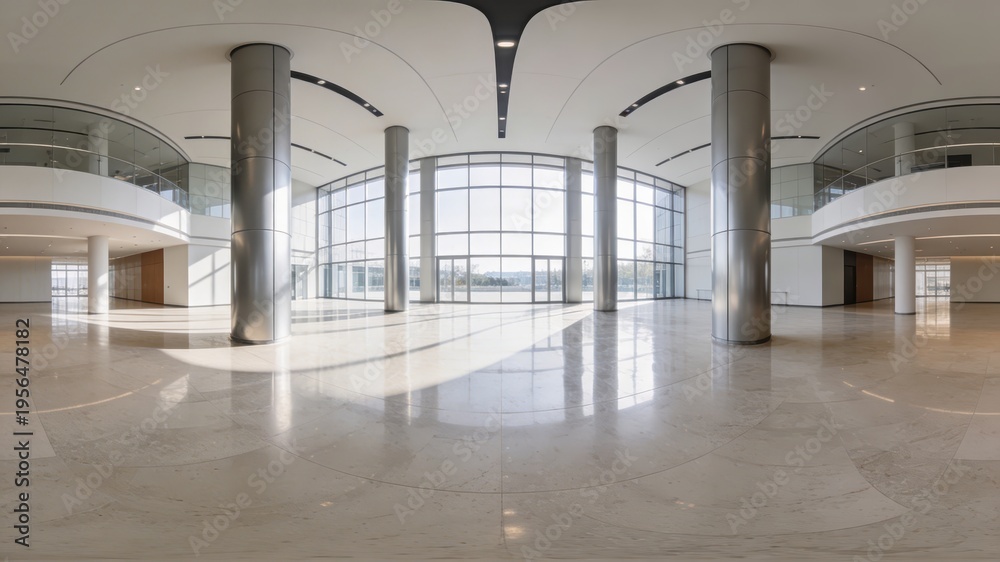 Obraz premium 360-degree HDRI panorama of a vacant contemporary hall featuring pillars, doors, and large windows in a seamless equirectangular format, suitable for AR and VR applications.