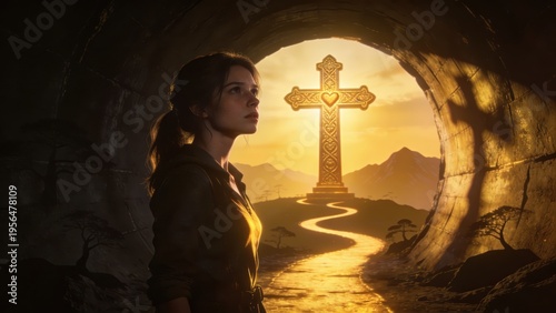 Concept of hope and fear. Young woman in a dark tunnel gazes at a light with a cross behind it. 3D rendering.