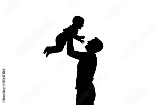 Silhouette of Father and Child: A tender moment frozen in silhouette. A father joyfully lifts a baby skyward, their connection a timeless symbol of love, care, and family bonds.