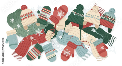 Winter clothing accessories hats scarves gloves snowflakes