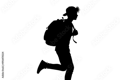 Dynamic Silhouette: A youthful figure strides purposefully, a large backpack on his back, set against a pristine backdrop, representing travel and adventure.