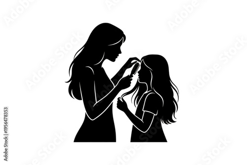 Tender Moment: A Silhouette of a Mother Brushing Her Daughter's Hair, Evoking Love and Affection.