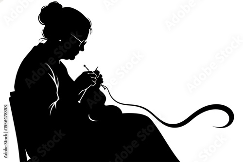 Silhouette of Knitting Woman: A silhouette of an elderly woman gracefully engaged in the calming hobby of knitting, crafting intricate patterns with needles and yarn.