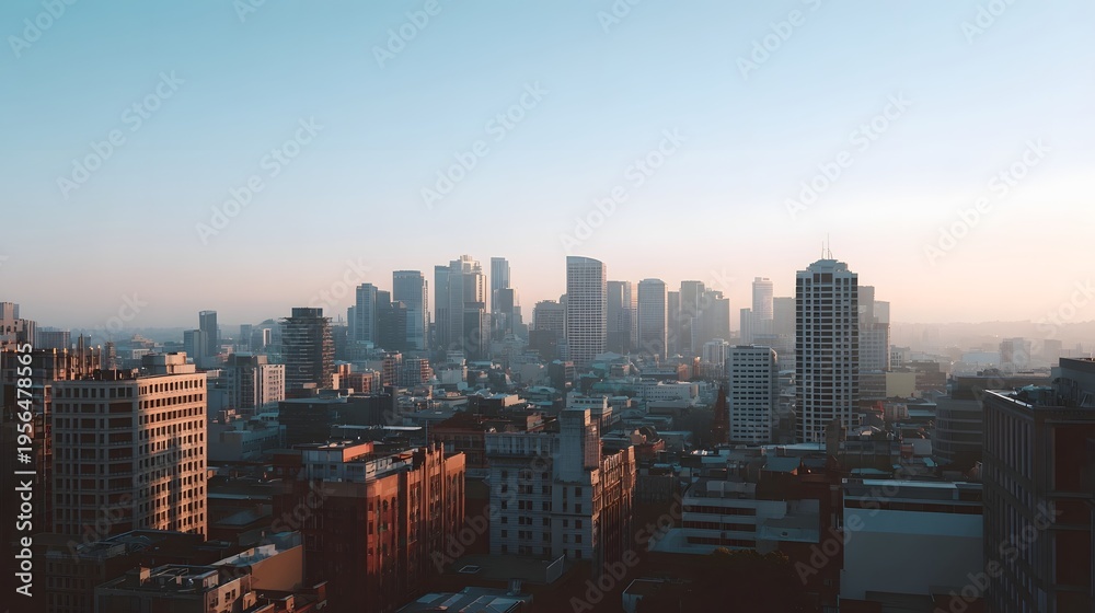 Fototapeta premium Vast city skyline illuminated by warm morning or evening light