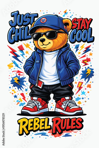 Cool cartoon bear wearing sunglasses and baseball cap, styled in hip-hop attire, with text 'just chill stay cool', bear character