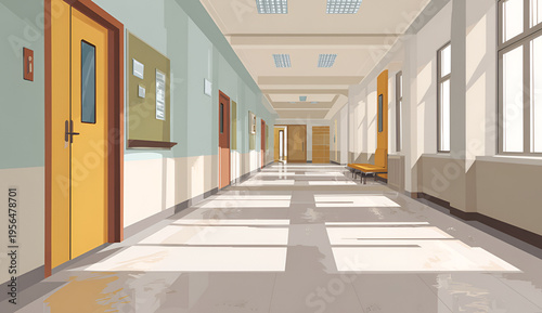 Animated hallway view. Light streams across a corridor with closed doors. Soft colors and a clean aesthetic characterize the scene