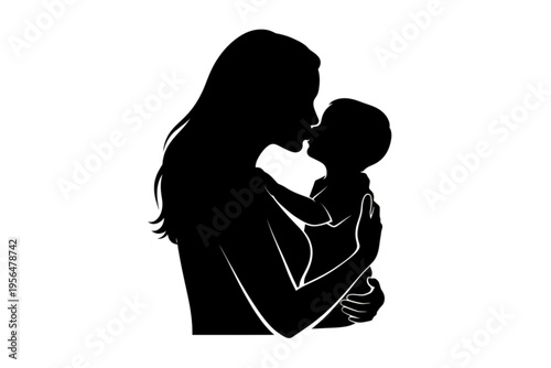 Silhouette of Mother and Child: A tender silhouette captures a mother's embrace as she cradles her child, the image radiates warmth and affection, telling a timeless story of family bond.