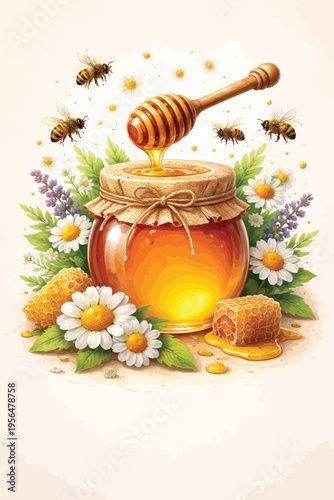 Jar of honey with bees and flowers, natural sweet product, summer harvest illustration