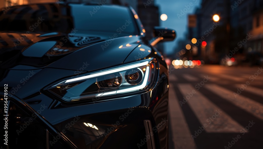 Fototapeta premium Close-up of a sleek black car's headlight and hood. Modern vehicle parked on a city street at night.