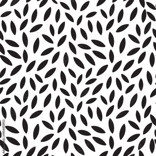 Minimalist seamless pattern featuring scattered black almond shapes on a clean white background