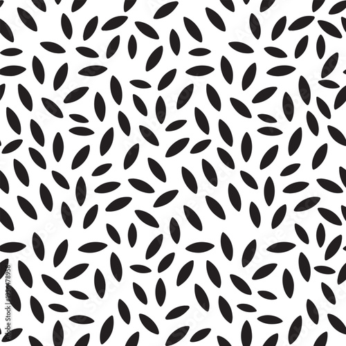Minimalist seamless pattern featuring scattered black almond shapes on a clean white background