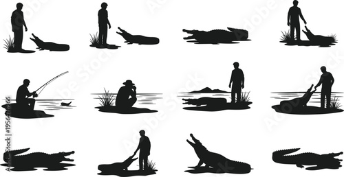 Crocodile and Human Interaction Silhouette Set with Fisherman, Wildlife Handler, Riverbank Scenes, and Reptile Encounter Vector Illustrations