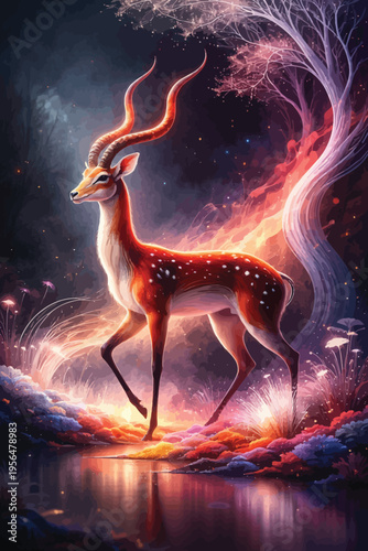 Magical deer with antlers illuminated by swirling nebula lights and fire glow, fantasy forest scene, enchanted creature illustration, spirit animal