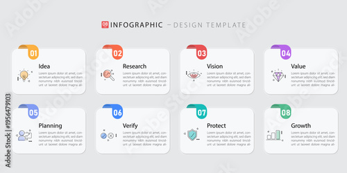 Timeline Creator infographic template. 8 Step timeline journey, calendar Flat simple infographics design template. presentation graph. Business concept with 8 options, gantt vector illustration.