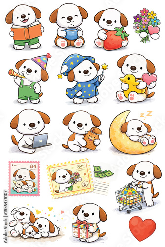 Collection of cute puppy illustrations in various poses and outfits, sticker sheet style