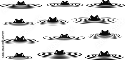 Crocodile Eyes in Water Silhouette Set with Floating Reptile Head Shapes, Swamp Ripples, and Hidden Predator Wildlife Vector Illustrations