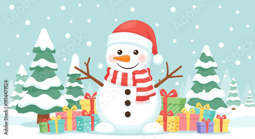 Smiling snowman in Santa hat with presents and Christmas trees